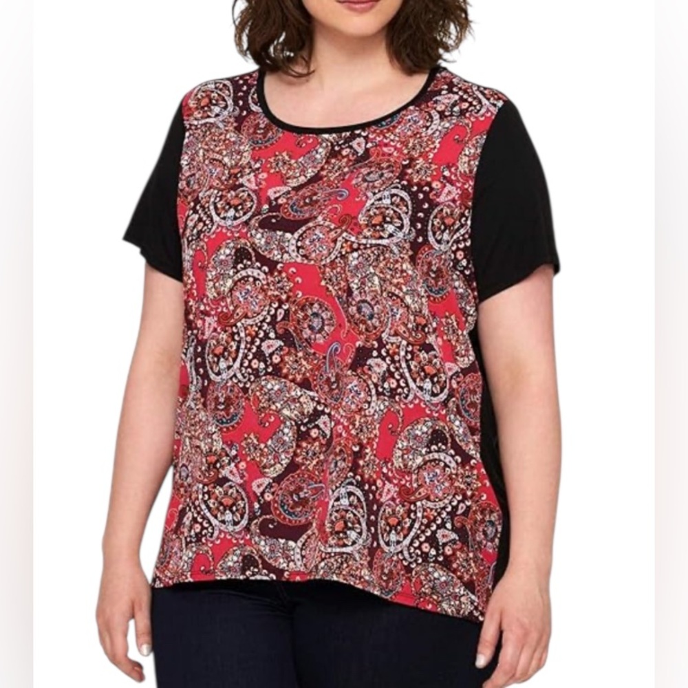 TOMMY HILFIGER FLORAL/PAISLEY TOP WOMENS SHORT SLEEVES RED/BLACK COLOR SIZE 2X